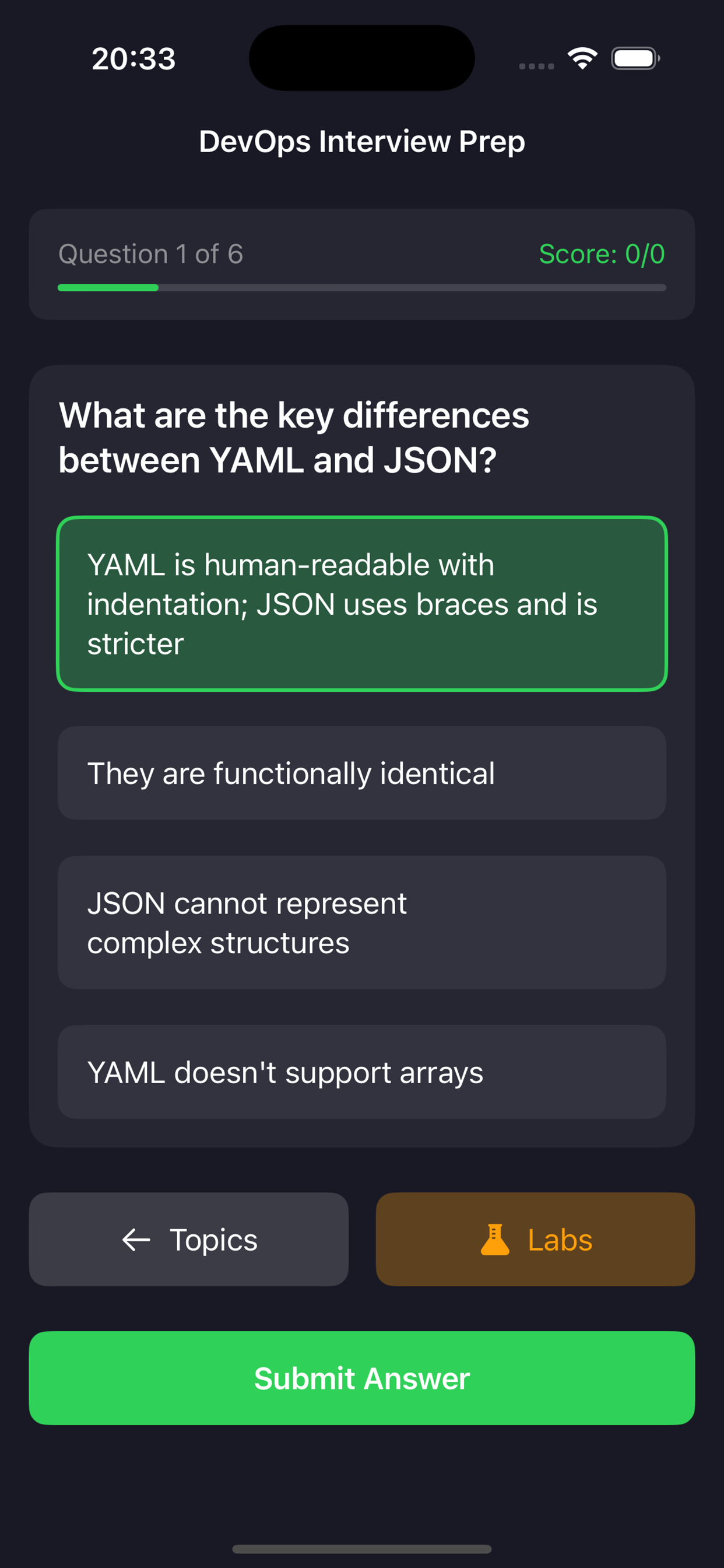 DevOps Interview Prep quiz question about YAML and JSON on iPhone