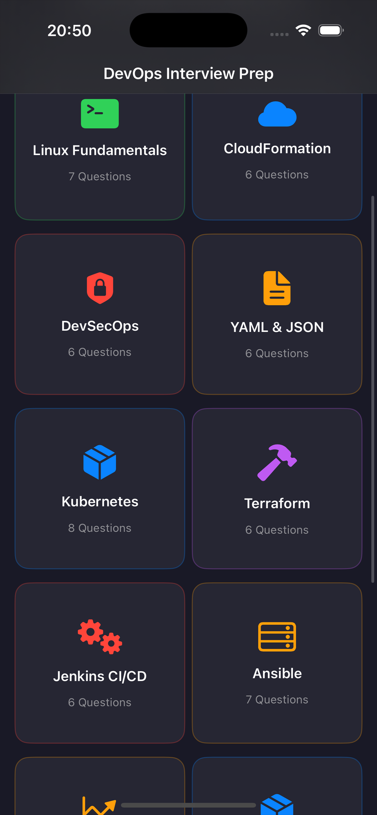 DevOps Interview Prep topic grid showing Linux, Docker, Kubernetes and more on iPhone