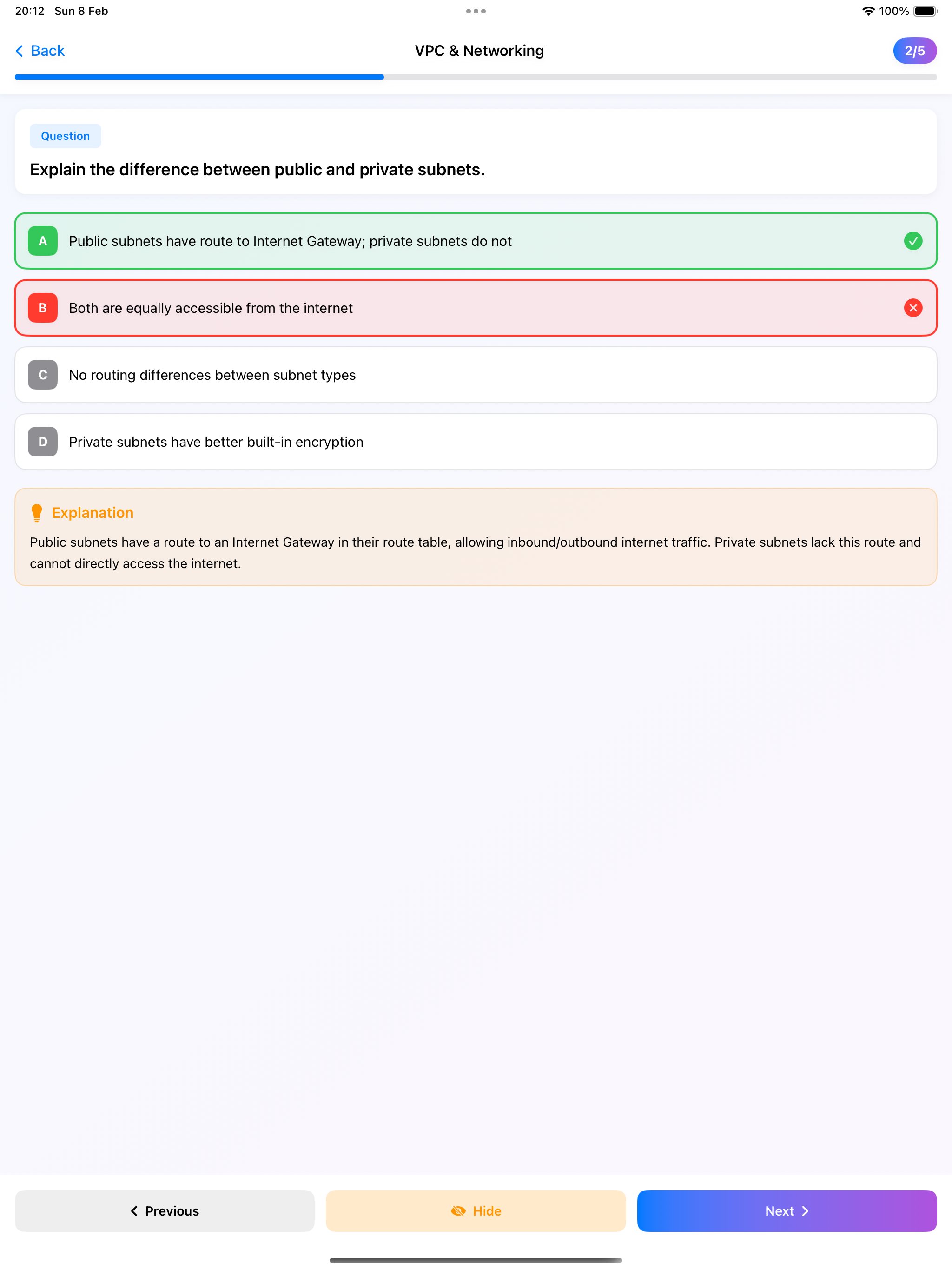 VPC and Networking quiz on iPad with detailed explanations